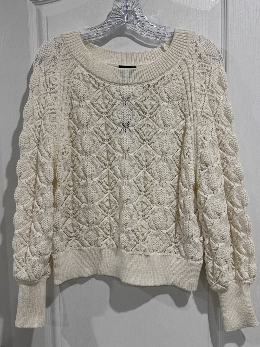 Express Cable Knit Crewneck Sweater in Cream